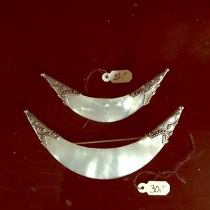 Bali Style Silver & mother of pearl Crescent Moon brooch set.